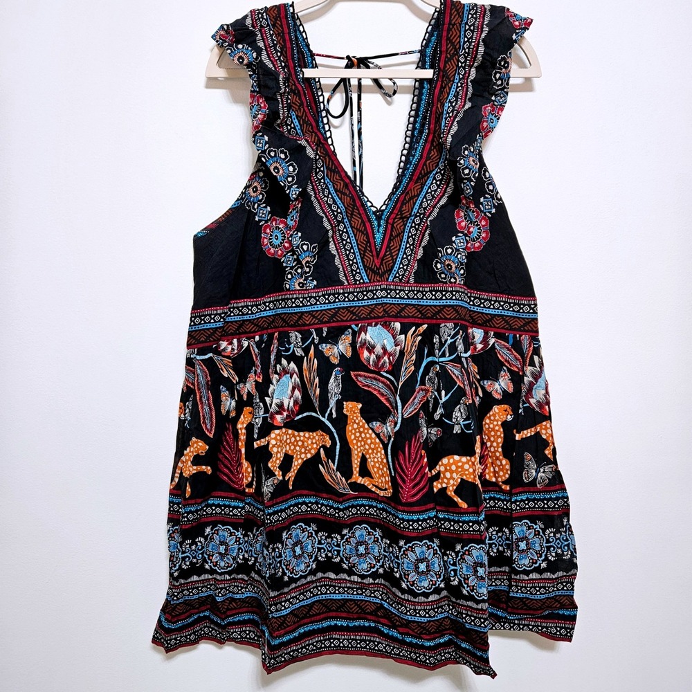 Anthropologie NWOT Cat Jungle Print Ruffle V-Neck Mini Dress Black Multi 2X - Picture 2 of 11